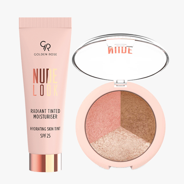 Combideal grijswit achtergr Radiant Moisturiser Baked Trio Face Powder Bronzer kleuren Blusher Highlighter Nude Look Golden Rose